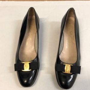 Black Ferragamo low heels for dress or casual wear